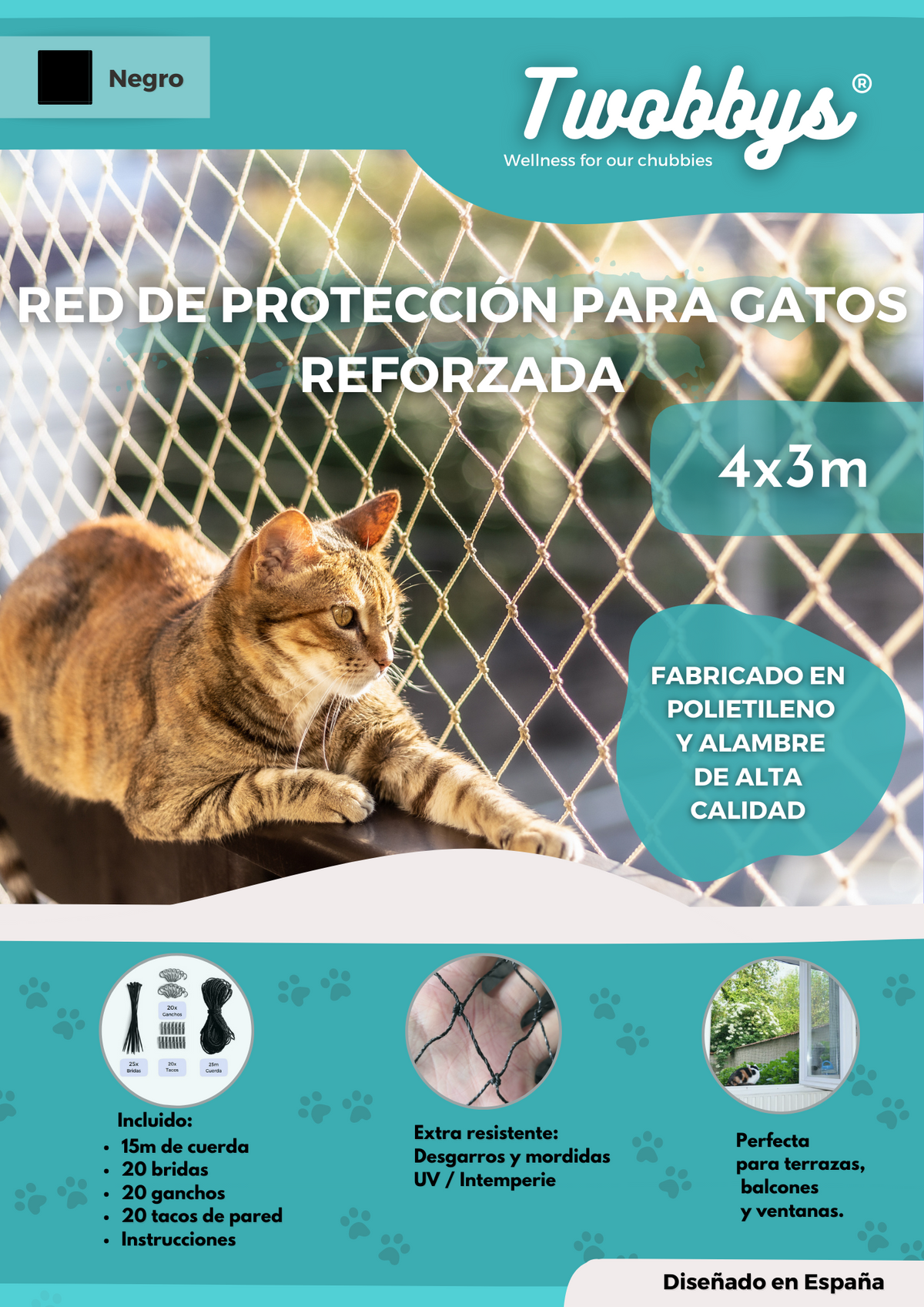 Red para Gatos Reforzada con Alambre | Especial Antimordidas | 4x3m Recortable | Red Gatos Terraza, Balcón y Ventana con Kit de Fijación Incluído | Negro | Red Gatos Reforzada | Malla Gatos