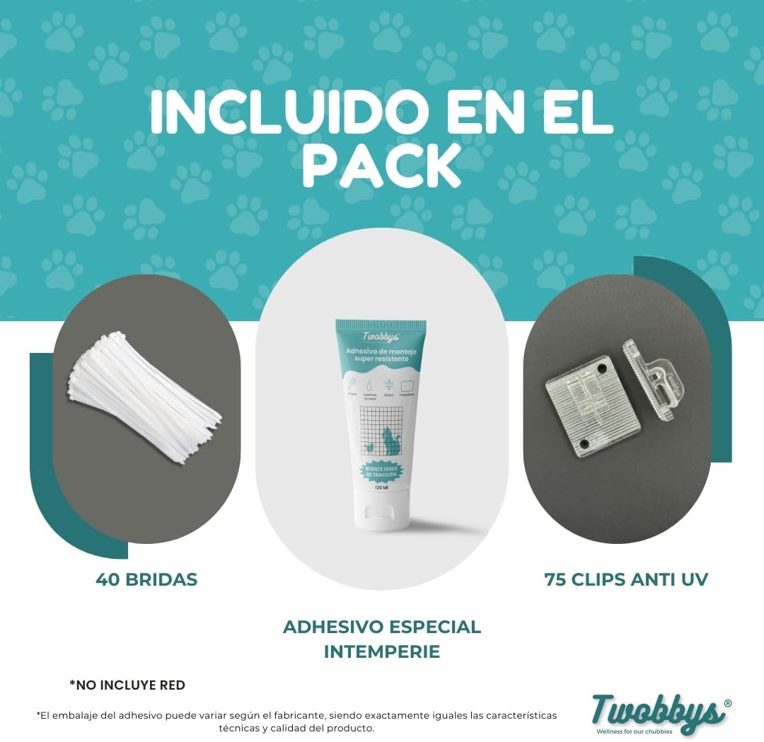 Pack de Fijación Red Sin Taladros | 75 Ganchos para Red + Adhesivo Extrafuerte 120ml + Bridas | Kit para Red Gatos Terraza | Montaje Fácil | Anti UV | Red Gatos Balcon, Terraza y Ventanas
