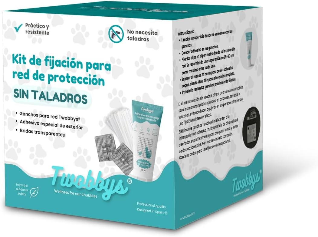 Pack de Fijación Red Sin Taladros | 75 Ganchos para Red + Adhesivo Extrafuerte 120ml + Bridas | Kit para Red Gatos Terraza | Montaje Fácil | Anti UV | Red Gatos Balcon, Terraza y Ventanas