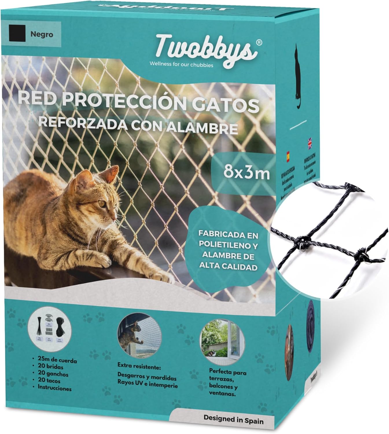 Red para Gatos Reforzada con Alambre | Especial Antimordidas | 8x3m Recortable | Red Gatos Terraza, Balcón y Ventana con Kit de Fijación Incluído | Negro | Red Gatos Reforzada | Malla Gatos