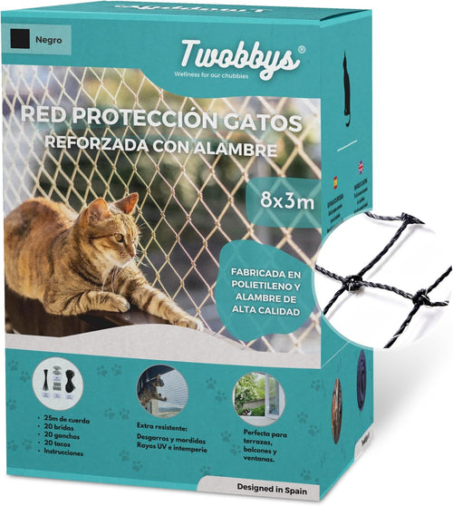 Red para Gatos Reforzada con Alambre | Especial Antimordidas | 8x3m Recortable | Red Gatos Terraza, Balcón y Ventana con Kit de Fijación Incluído | Negro | Red Gatos Reforzada | Malla Gatos