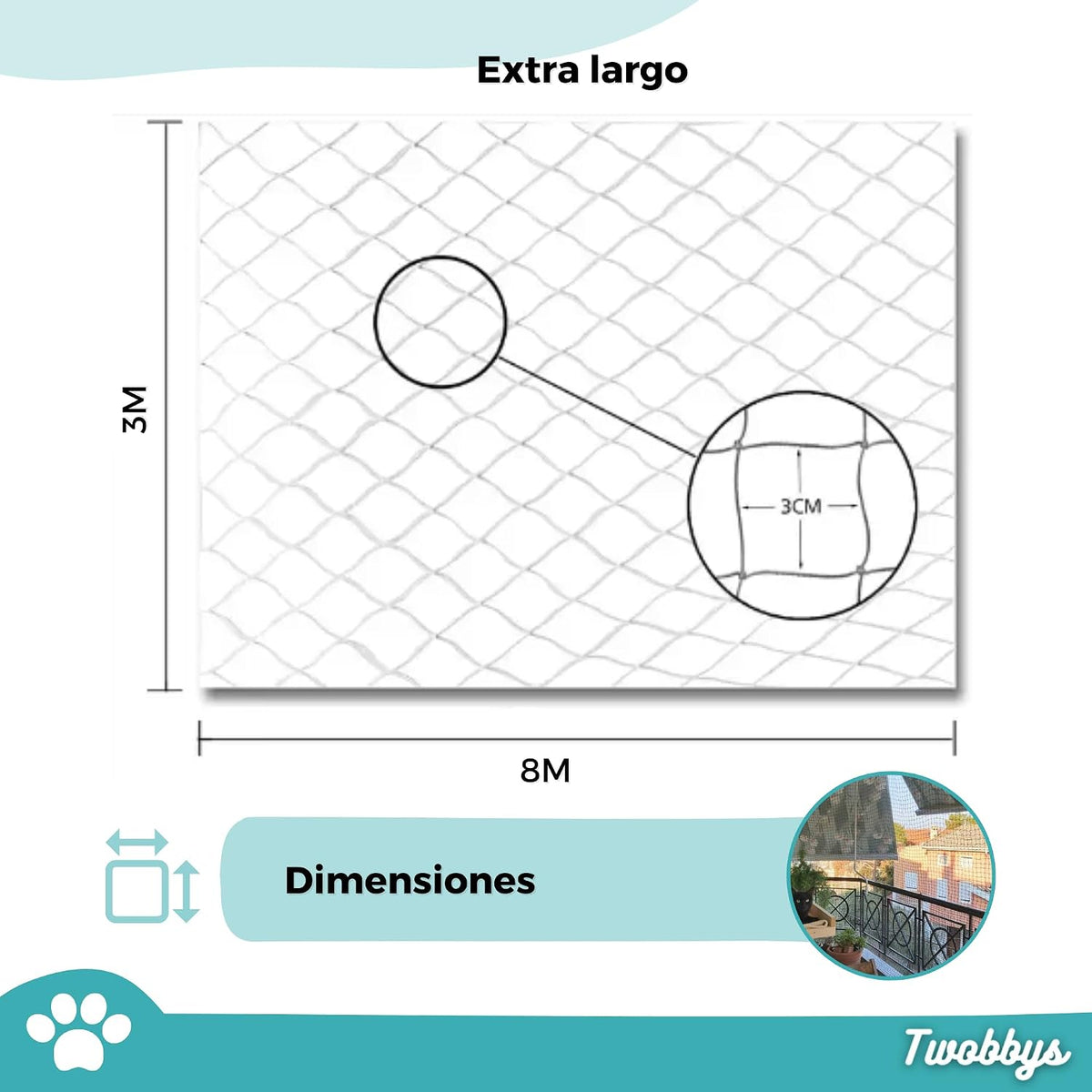 Red para Gatos Reforzada con Alambre | Especial Antimordidas | 8x3m Recortable | Red Gatos Terraza, Balcón y Ventana con Kit de Fijación Incluído | Negro | Red Gatos Reforzada | Malla Gatos