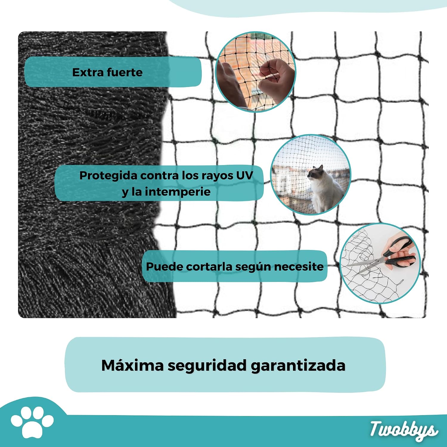 Red para Gatos Reforzada con Alambre | Especial Antimordidas | 4x3m Recortable | Red Gatos Terraza, Balcón y Ventana con Kit de Fijación Incluído | Negro | Red Gatos Reforzada | Malla Gatos